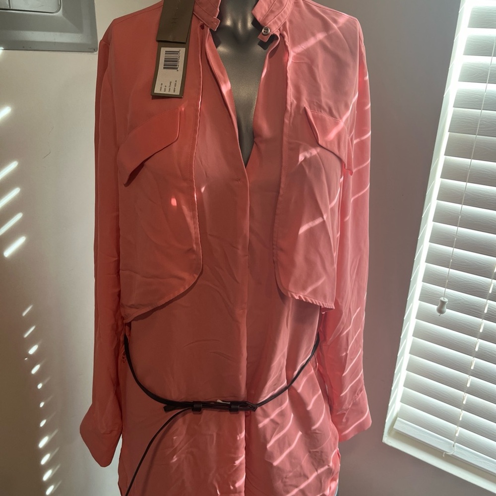 Halston H Heritage shirt dress Coral color with black belt long sleeve